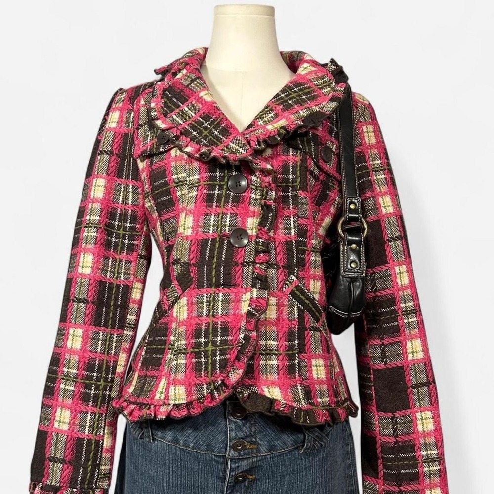 Y2K Multicolor Plaid Tweed Blazer Jacket Women L Girly Punk Maximalist Eccentric
